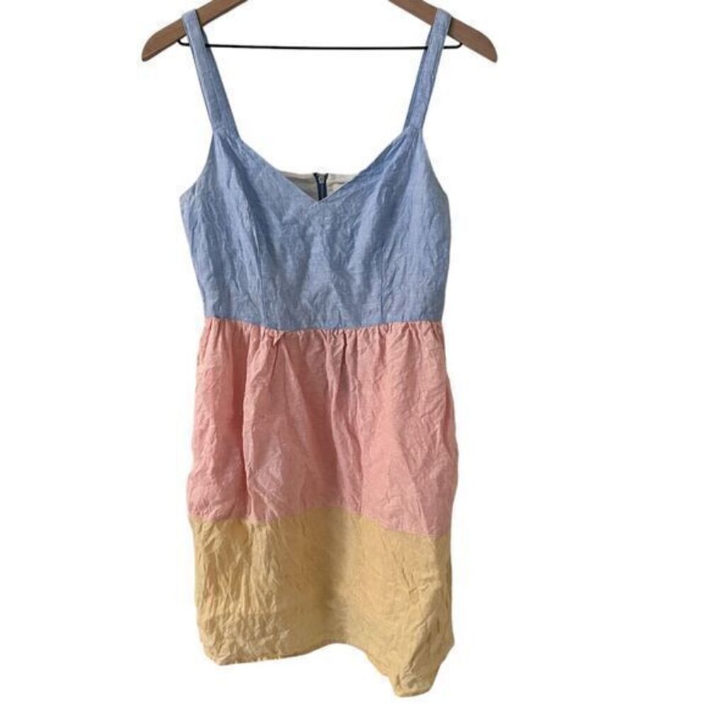 Cynthia Rowley Blue Pink Yellow Linen V-Neck Tank Dress Pockets Size S